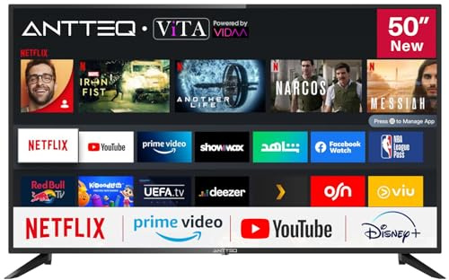 Antteq AV50D1 4K Fernseher 50 Zoll (127 cm) Smart TV mit HDR, Netflix, Prime Video, Rakuten TV, DAZN,YouTube, UVM, WiFi, Sprachsteuerungs, Triple-Tuner DVB-T2 / S2 / C