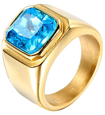 HIJONES Herren Stein Ring Edelstahl Große Quadratische Zirkonia Vintage Statement Ringe Gold Himmelblau Größe 65