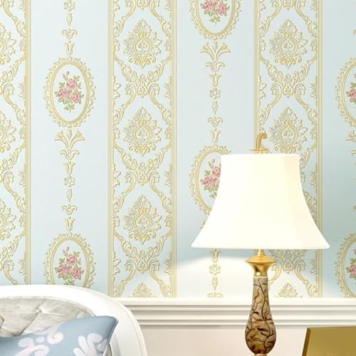 SAIMEYI Non-woven wallpaper European style 0.53 m x 10 m = 5.3 m²/roll. pink blue yellow wallpaper for kitchens, bathrooms, cafes, clothing shops, hotel, bar. 3D floral motif wallpaper (blue-1205)