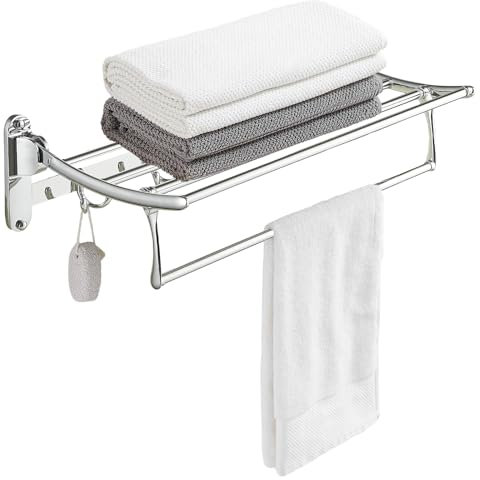 BESy 24 Inch Polished Chrome Towel Racks, Bathroom Towel Shelf with Foldable Towel Bar Holder and Towel Hooks, Wall Mounted Multifunctional Double Towel Bars