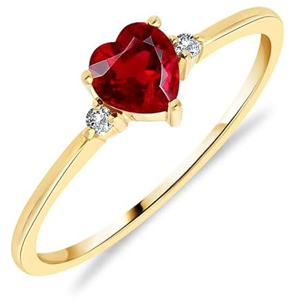 Damen-Solitärring aus Gelbgold 375/1000, mit natürlichem Rubin, Herzschliff und Diamanten, 56 (17.8), Metall, Rubin