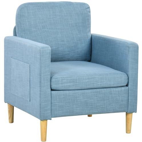 HOMCOM Lounge Sessel Relaxsessel mit 2 Seitentaschen Armlehnen Gepolsterter Sitz und Holzbeine Einzelnes Modernes Sofa für Schlafzimmer 73x79x87 cm Hellblau