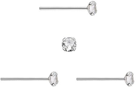 3 boucles d'oreilles à clou, barre droite en argent, avec zircon rond et brillant, 2 mm, barre fine de 0,6 mm, argent sterling