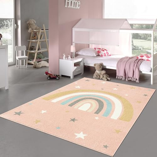 Teppich-Traum Teppich Kinderzimmer Spielzimmer Regenbogen Sterne Muster Kinderfreundlich rosa, 120 cm Rund