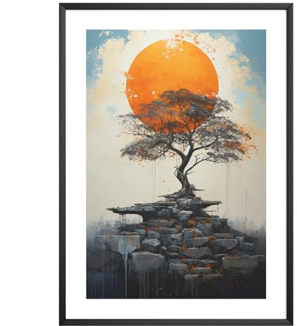 MJ-GRAPHICS® - Poster Japan Art Bonsai und Sonne Motiv - Din A4 in Galerie Qualität 300g dickes Posterpapier - Enso japanischer Kunststil Natur - Gamingzimmer & Wohnzimmer Bilder - ohne Bilderrahmen
