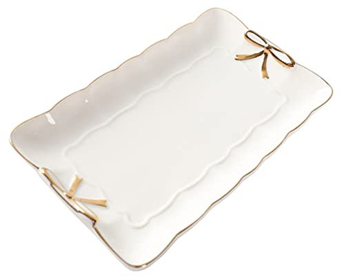 Holibanna Assiette Céramique Blanche Décorative Avec Bordure Dorée Et Nœud Plateau Polyvalent Pour Bijoux Cosmétiques Fruits Et Service à Table