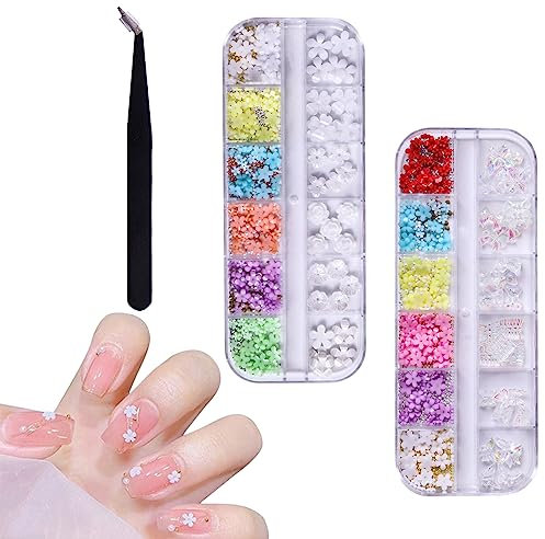 3D Nail Charms, 2 Boxes Multi-Shape Flower Nail Art Charms Aurora Bear Bow Butterfly Nail Rhinestones Gems Gold Silver Caviar Beads Nail Pearls with Tweezer for Nail Art Decoration DIY Crafts (H)