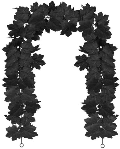 6 Ft Artificial Autumn Maple Leaf Plant, Fall Hanging Maple Leaf Vine, Black Garland for Halloween Home Decoration (Black)