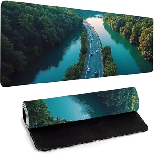 Mouse Pad 700 x 300 x 3mm Extended Large Mouse Mat Desk Pad, Stitched Edges Mousepad, Extended Anti-Fray Cloth Gaming Mouse Mat, Non-Slip Rubber Base, For Mouse And Keyboard Black Landscape O-P
