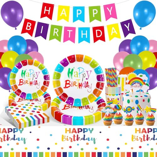 Regenbogen Pappteller Kindergeburtstag Deko, Regenbogen Deko Kindergeburtstag, Bunt Pappteller Set mit Pappbecher Servietten Tischtücher Papierstrohhalme, für Geburtstagsdeko Kinder (10 Gäste)