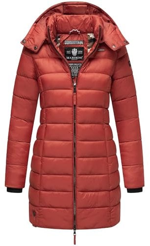 MARIKOO Damen Langer Wintermantel Warmer Steppmantel mit Abnehmbarer Kapuze Abendsternchen Terracotta Gr. S