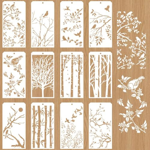 GOMAKERER 12 Stück Vorlagen Für Dekorative Malerei Im Traditionellen Chinesischen Stil, 12 Stile Vögel Bambus Äste Schablonen Wiederverwendbare Textur Schablonen Für Malerei Auf Möbel Scrapbook Dekor