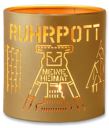 Windlicht Kerzenhalter Ruhrpott | Kerzenständer-Gold aus Metall | Wohnzimmer-Terrassen-Balkon-Deko | Ruhrpott-Geschenke für Teelichter und Kerzen auch als Herbst Laterne für draußen geeignet.