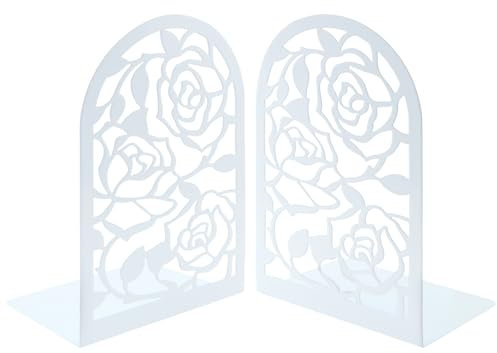 1 paire de serre-livres en métal avec motif rose creux antidérapant en fer pour enfants, filles, bibliothèque, maison, école, bureau (blanc)