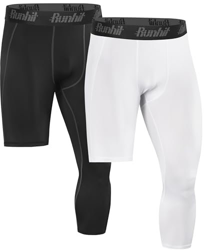 Runhit Men's 3/4 One Leg Compression Tights Single Leg Basketball Compression Pants Leggings Base Layer for Athletic, Black + White ( Right Short), Large
