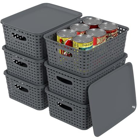 Ysmiltion Plastic Storage Baskets Bins with Lid and Handle, Plastic Organizer Basket for Shelves, Bathroom, Kitchen, Office, 6 Pack, Gray