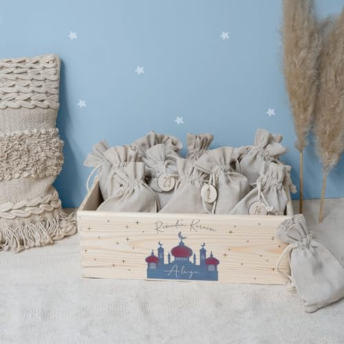 hellomini Ramadankiste personalisiert mit Namen - Ramadankalender aus Holz für Kinder - Fastenkalender Zuckerfest Ramadan (Moschee Druck)
