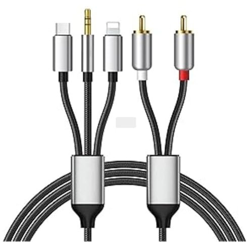 Cable de audio 3 en 1, cable RCA para iPhone, tipo C de 3,5 mm a 2 RCA, cable Lightning USB C a RCA de audio, para TV, portátil, teléfono móvil, reproductor de MP3, altavoz, cine en casa, compatible