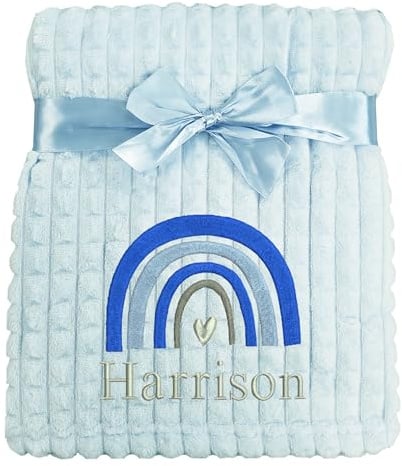 Personalised Baby Blanket Embroidered Rainbow & Name Soft Fleece Wrap (Blue Rainbow Blue Squares)