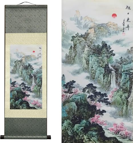 AtfArt Silk Scroll Painting, Waterfall River Landscape, 36.2x12in | Silk Landscape Wall Art, Traditional Chinese Waterfall Painting, Home Decor Scroll for Living Room, Bedroom, Office