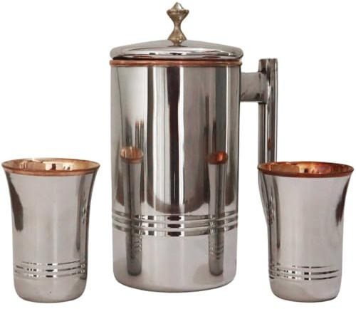 ANCIENTIMPEX Stainless Steel and Pure Copper Water Pitcher with 2 Matching Tumblers for Ayurveda Health Benefits (Brass Knob with Long Glass)