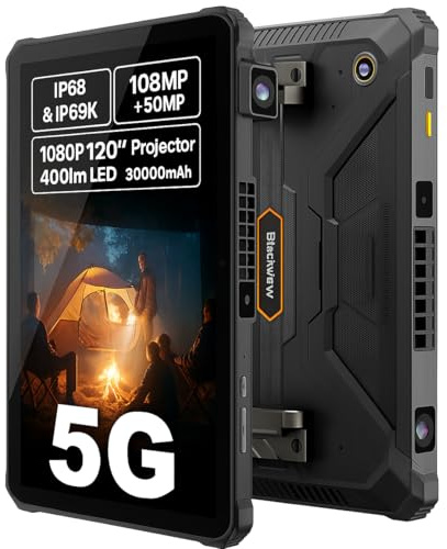 Blackview 5G Tablet Rugged Active 12 Pro, Proiettore 1080P 120″, Batteria 30000mAh, Lampada da Campeggio 400lm, 11″ FHD+, Android 15 IP68/IP69K Tablet, 36GB+256GB, Dual SIM 5G, 108MP+50MP, NFC GPS