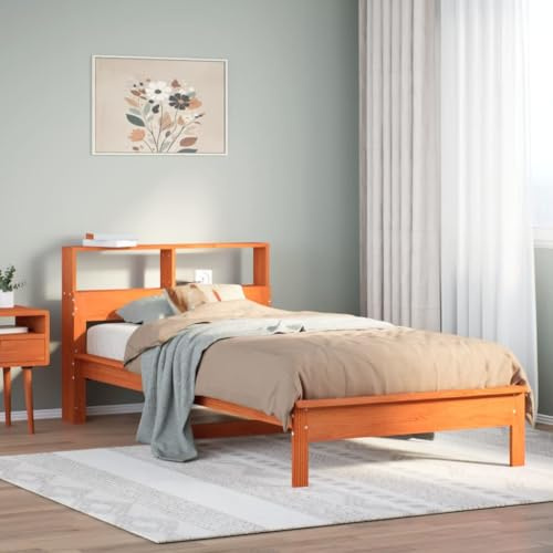 Teenpull Massivholzbett Kiefernholz Wachsbraun 75x190 cm mit integriertem Regal Kopfteil, Stabiler Lattenrost Bettrahmen für Schlafzimmer, platzsparender Stauraum