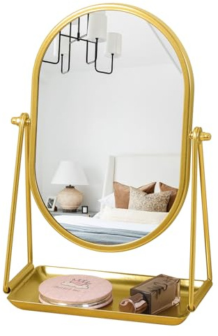 Gosider Gold Oval Dressing Table Mirror with Tray Smal Vanity Mirror | Make Up Mirror with Stand, Metal Framed, 360° Adjustable Rotation, for Office Dorm Bedroom Bathroom
