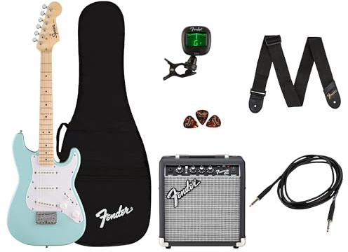 Fender Mini Stratocaster Pack con amplificatore, custodia, tracolla, cavo, accordatore e plettri, finitura blu Daphne