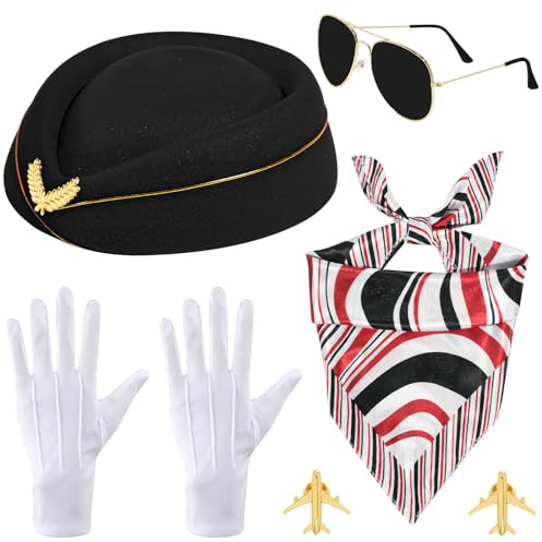 VASTRISE 6Pcs Black Flight Attendant Costume Accessories Women Airline Stewardess Outfits Hat Scarf Sunglasses Gloves for Halloween