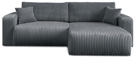 Lookway Ecksofa Move L-Form mit Schlaffunktion und Bettkasten, modernes Cord-Stoff Schlafsofa 200x130 cm, Eckcouch mit Stauraum, Wohnlandschaft mit Kissen, universell montierbar (Grau - Tilia 85)