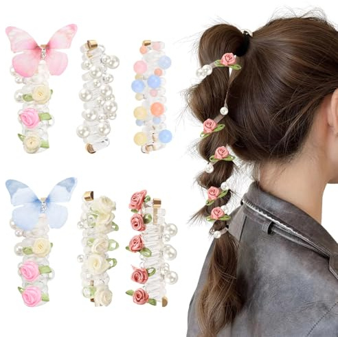 6 Pieces Butterfly Spiral Hair Ties with Beads, Rose Pearl Phone Cord Hair Ties Colorful Scrunchies, No Damage Elastic Ponytail Braids Holder for Women Long Curly Accessories (6 Pieces)