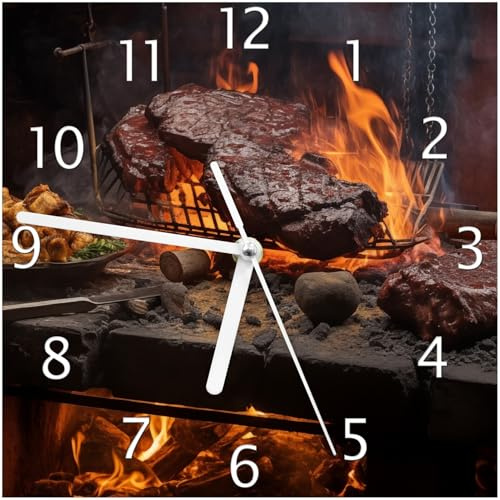Wallario Design-Wanduhr Urige Grillkunst: Steakschmiede aus Glas, Motiv-Uhr Größe 20 x 20 cm, weiße Zeiger