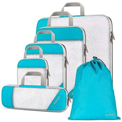 Gonex Compression Packing Cubes, 6 PCS Travel Luggage Packing Organizers with Mesh Extensible Suitcase Organiser for Travel, Blue
