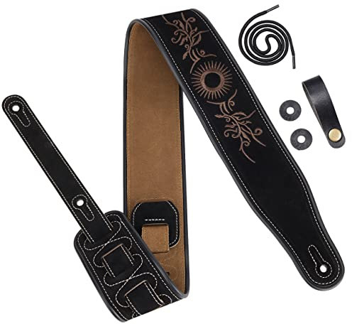AMUMU Bestickter Gitarrengurt aus Veloursleder – Für Akustik-, E-Gitarre & Bass – Schwarz – Verstellbar von 89 bis 130 cm