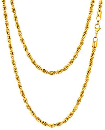 FOCALOOK Mens Gold Chain 3mm 26inch Gold Plated Stainless Steel Twisted Rope Chain Necklace Male Jewelry for Father