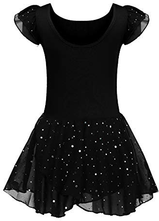 Kinder Ballettkleidung Ballettkleid Mädchen Kurzarm Baumwolle Balletttrikot Ballettanzug Tanzkleid Tanzbody mit Rock Tütü, 120, Schwarz