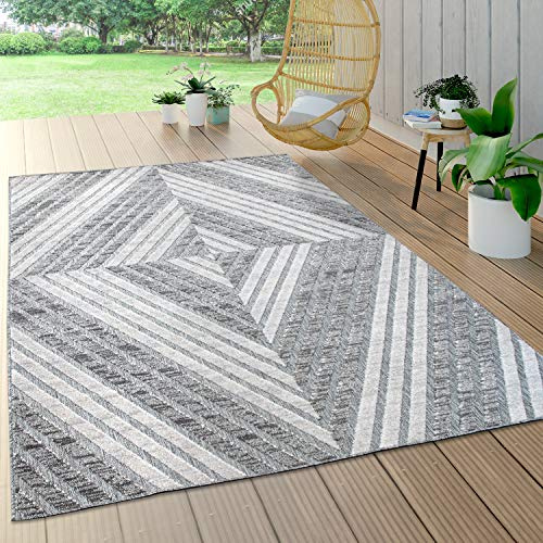 Paco Home Outdoor Teppich Wetterfest Wohnzimmer Balkon Küche Orientalisch Ornament Skandinavisch Geometrisches Muster 3D Effekt Modern, Grösse:200x290 cm, Farbe:Grau 4