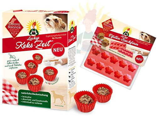 ChronoBalance® Hundekekse, Hundeleckerlies Selbermachen, Leckerli Backmischung (180g) für Hunde, lactosefrei, inkl. 12 Papierförmchen, optional mit Silikon Backmatte/Backform für Hundesnacks