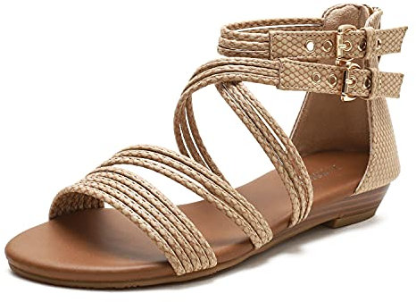 Pexuya Damen Frauen Bohemian Sommerschuhe PU Leder Römisch Flach Sandalen S94 (Beige, 40)