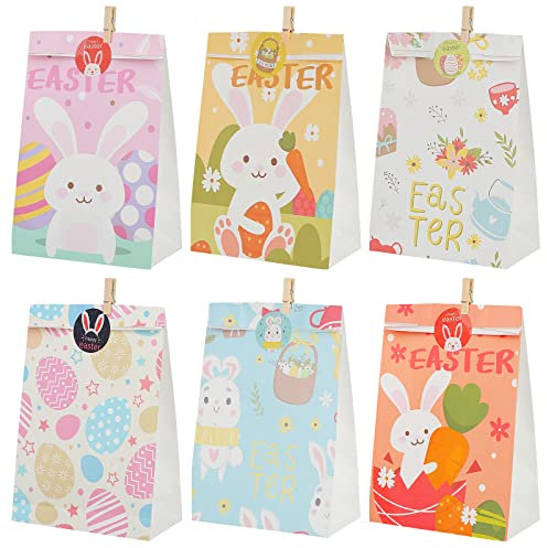Koogel Ostern Papier Geschenktüten, 12 Stücke 6 Designs Bunte Ostern Partytüte mit Ostern Geschenkanhänger Aufklebern Süßigkeiten Papiertüten für Kinder Geschenke Feiern Kunsthandwerk