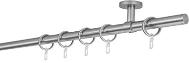 ondeco Gardinenstange auf Maß 20mm Match 1-lauf Vorhangstange Deckenträger 4cm Stilgarnitur mit Ringen für Vorhänge 140cm Edelstahl-Optik