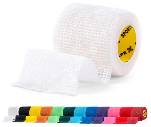 SPORTTAPE Football Sock Tape, 5cm x 4.5m, White- Self-Adhesive Cohesive Bandage, Compression Wrap & Sports Stretch Tape for Ankles, Joints, Socks, Vet & Pet Wrap for Dogs, Horses - Single Roll