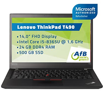 Lenovo Ordenador portátil ThinkPad T490, pantalla de 14,0 pulgadas, Intel Core i5-8365U a 1,6 GHz, memoria RAM DDR4 de 24 GB, SSD de 500 GB, FHD (1920 x 1080), cámara web, Windows 10 Pro preinstalada