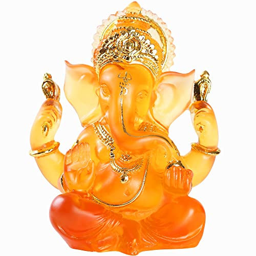 H&W 14cm Ganesha Statue,Orange Skulpturen von Ganpati Elefant,Elefantengott Figuren,Indische Ganesha Idol Statue Sammelfiguren für Home Büro Bücherregal Tisch Schreibtisch Housewarming Décor