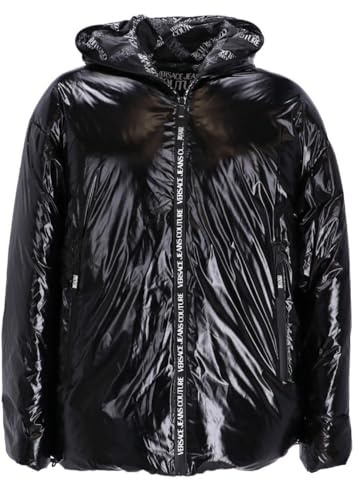 VERSACE JEANS COUTURE Schwarze Herrenjacke mit Kapuze. Zwei Taschen auf der Vorderseite mit Reißverschluss. Reißverschluss an der Vorderseite., Schwarz, 48