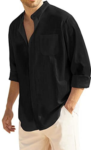 COOFANDY Hemd Herren Langarm Leinenhemd Stehkragen Hemd mit Tasche Button Down Baumwolle Freizeithemden Regular Fit Schwarz L