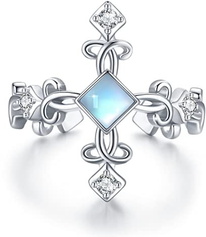 JFASHOP Kreuz Ring, Mondsteiner kreuz Ring 925 Sterling Silber Christian Victorian Style Inspirierende Cross Rings Schmuck Religiöse Geschenke für Frauten Mädchen
