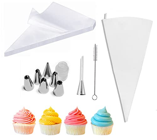 Voarge Profi-Spritzbeutel-Set, 50 Stück Spritzbeutel Einweg+6 verschiedenen Edelstahl Spritztüllen+1 Stück Spritztüte wiederverwendbar, Für Dekorationen auf Torten, Kuchen und Keksen