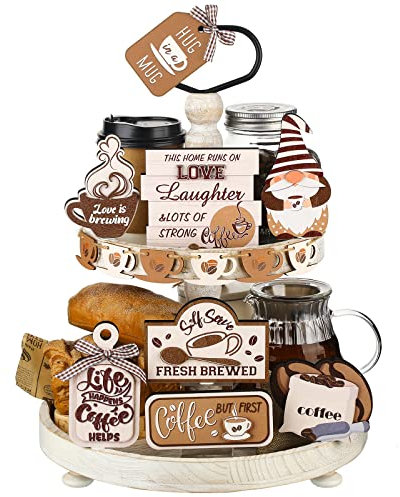 14 Pieces Coffee Tiered Tray Decor Set Coffee Theme Tiered Tray Decor Coffee Wood Signs Coffee Sign Rustic Trays Decor for Summer Home Kitchen Table Decor